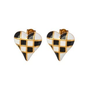 18K Gold Plated Checkered Heart Earrings*Vintage 90’s Earrings*Boho Black White*